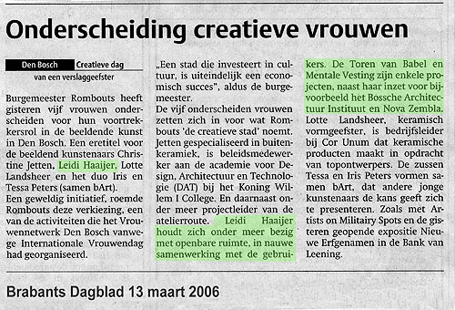 Article in the Brabants Dagblad (newspaper): Onderscheiding creatieve vrouwen