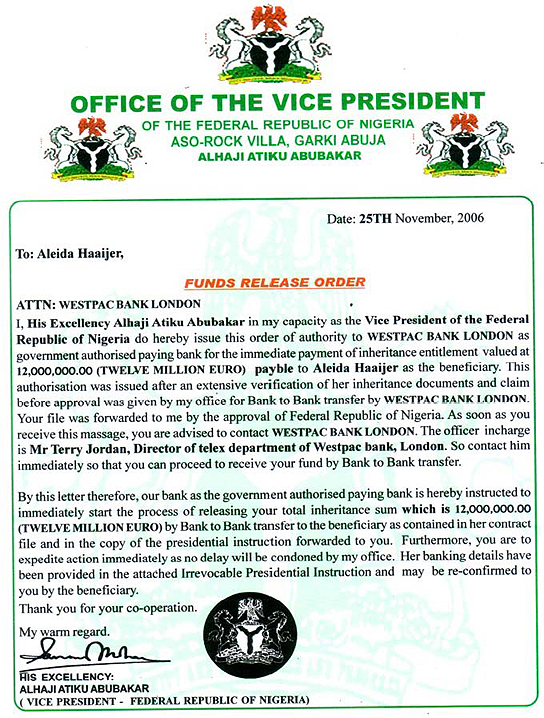 Product of the 'Dave Smith'-network: THE FUNDS RELEASE ORDER