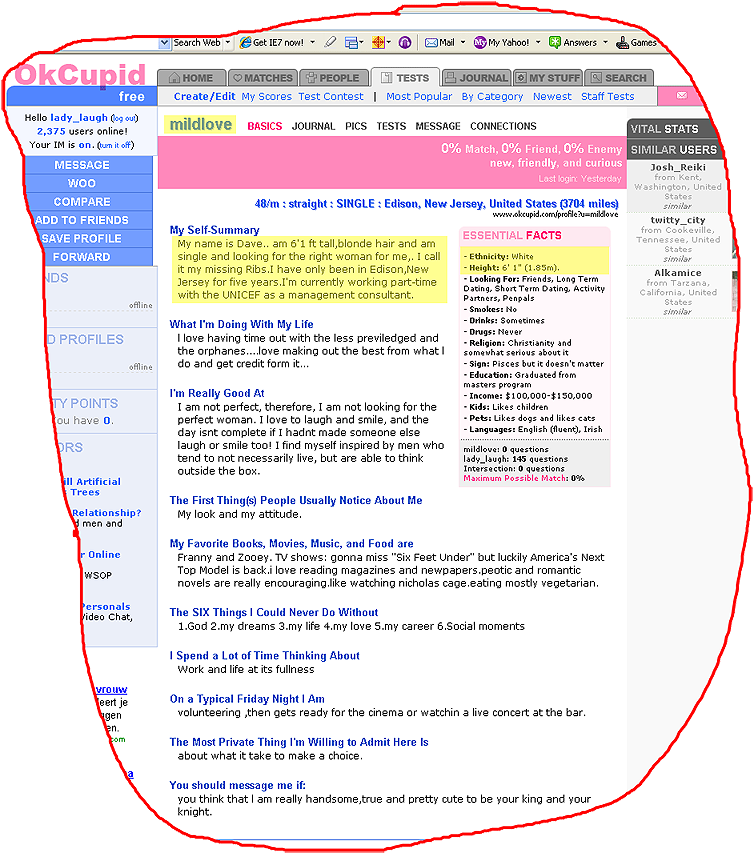 The profile of Dave Smith at www.OKcupid.com