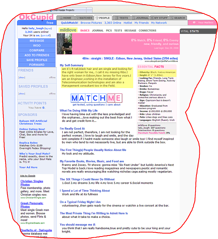 The adjusted profile at OKcupid, just after The Voice admitted to me that he was a Nigerian