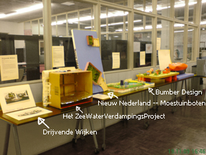 Tentoonstelling resultaten Imagine Your Future nov.2009: Drijvende Wijken, Het ZeeWaterVerdampingsProject, Nieuw-Nederland -- Moestuinboot, Bumber-Design