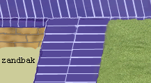 detail: zandbak, geglazuurde rand en gras